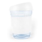 Transparent cup with a white lid and sleeve against a white background.