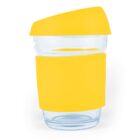 Clear water bottle with bright yellow lid and grip.