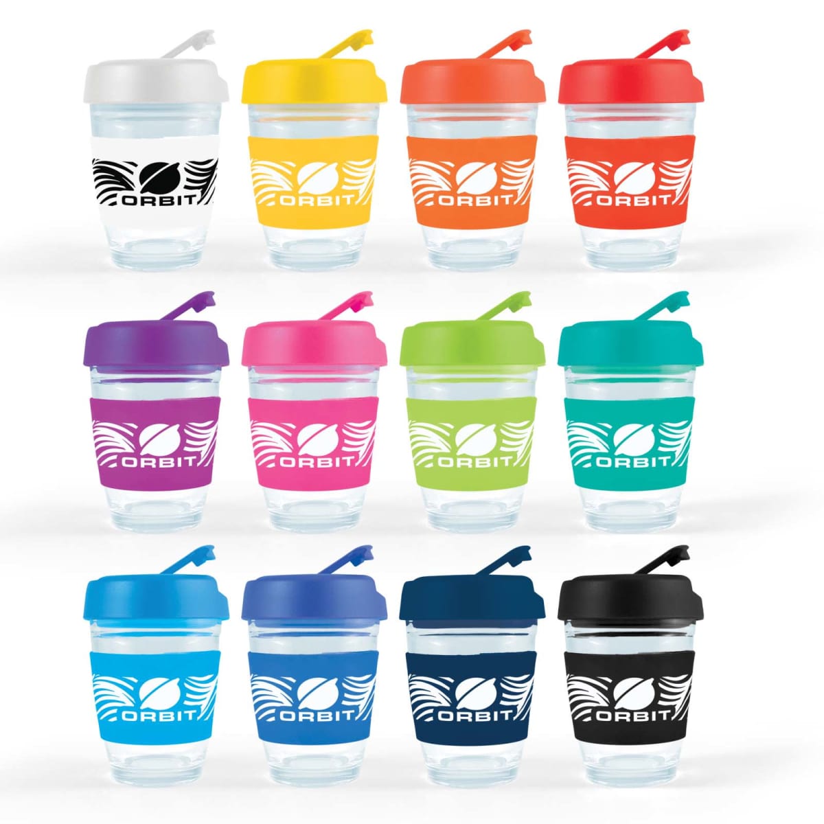Twelve Orbit branded cups with colorful lids and sleeves in various colors.