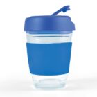Clear cup with blue lid and sleeve, featuring a flip-top cap.