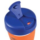 Orange cup with a blue flip lid and a small drinking spout.