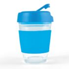 Clear cup with a blue lid and blue sleeve, featuring a spout for drinking.