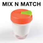 Reusable cup with orange lid and green tab, labeled MIX N MATCH.