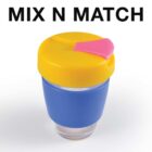 Reusable cup with a blue base, yellow lid, and pink clip. Text above: MIX N MATCH.