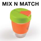 Reusable cup with green lid and orange sleeve, text MIX N MATCH above.