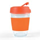 Clear glass with an orange lid and sleeve, featuring a flip-top latch.