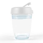 Clear cup with a white lid and sleeve, featuring a spout for drinking.