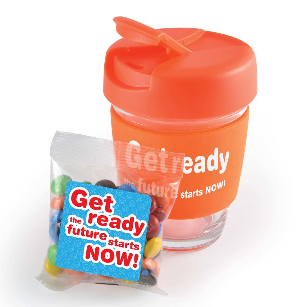Orange travel mug and candy with Get ready the future starts NOW! branding.