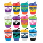 Twelve colorful tumblers with various designs and lid colors arranged in a grid pattern.