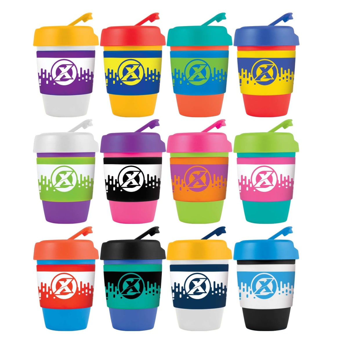 Twelve colorful tumblers with various designs and lid colors arranged in a grid pattern.