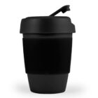A black reusable coffee cup with a lid, isolated on a white background.