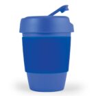 A blue reusable cup with a lid and a flip-top.