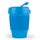 A blue reusable cup with a lid and raised drinking spout.