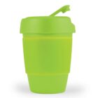 Bright green reusable travel cup with a flip-top lid.
