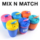 Colorful plastic sippy cups with interchangeable lids beneath MIX N MATCH text.