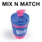 Colorful reusable cup with a blue lid and pink opening flap. Text above: MIX N MATCH.