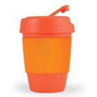 An orange reusable cup with a lid and a sip spout.