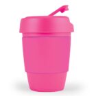 A pink reusable coffee cup with a closed lid and spout.