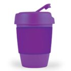 Purple reusable cup with a flip lid on a white background.