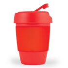 Red, reusable coffee cup with a flip-top lid and a silicone grip.