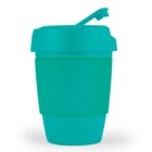 Teal reusable cup with a lid and straw on a white background.