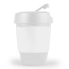 A reusable coffee cup with a flip-top lid, featuring a white body and gray accents.