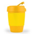 Yellow reusable coffee cup with a lid and a closed spout.