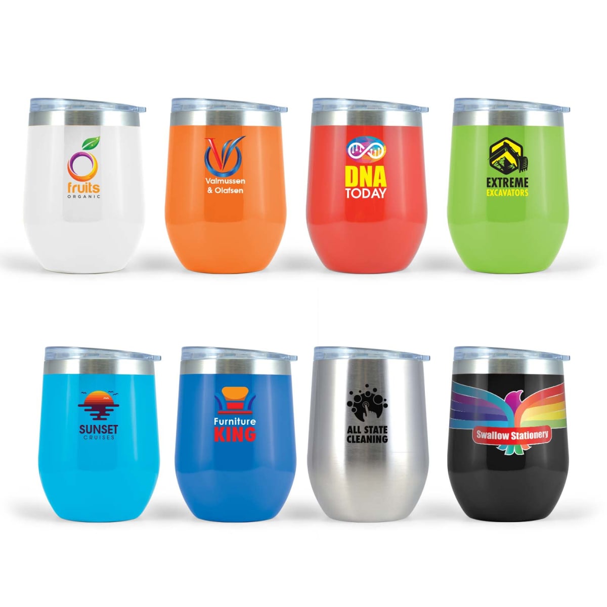 Eight colorful tumblers with various brand logos displayed in two rows.