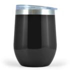 Black stainless steel tumbler with a silver rim and clear plastic lid.