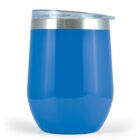 Blue insulated tumbler with a clear lid against a white background.