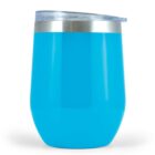 Blue insulated tumbler with silver trim and clear lid.