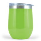 Green stainless steel tumbler with a clear plastic lid.