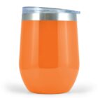 Orange stainless steel tumbler with a clear lid.