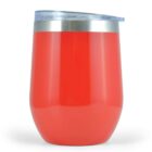 Red insulated tumbler with a transparent lid.