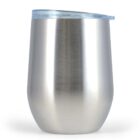 Stainless steel tumbler with a clear plastic lid on a white background.
