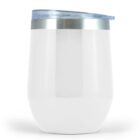 White insulated tumbler with a silver rim and clear plastic lid.