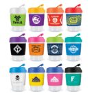 Colorful branded shaker bottles with various logos and designs.