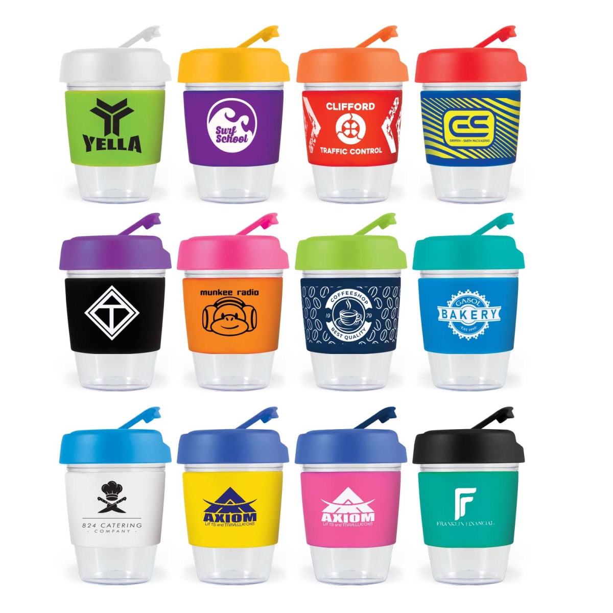 Colorful branded shaker bottles with various logos and designs.