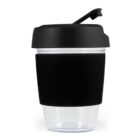 Reusable coffee cup with a black lid and sleeve, shown on a white background.