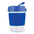 A reusable cup with a blue lid and sleeve.