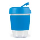 Clear cup with a blue silicone band and lid, featuring a flip-top spout.