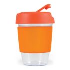 Reusable clear cup with orange lid and sleeve.