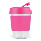 A pink reusable coffee cup with a clear bottom and a flip lid.