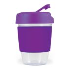 Purple reusable coffee cup with transparent base and closed lid.