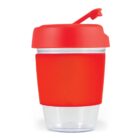 Red and clear plastic cup with a red lid and straw.