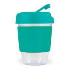 Reusable turquoise coffee cup with flip-top lid and clear base.