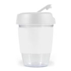 White reusable cup with a clear base and a flip-top lid.