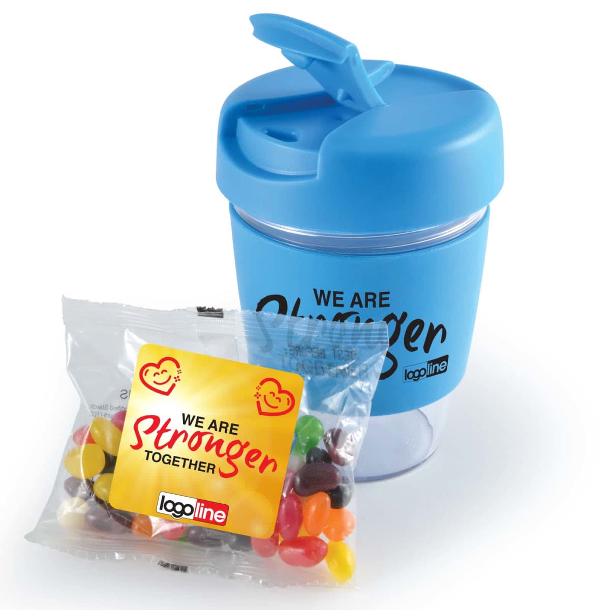 Blue cup with spout lid and a bag of jellybeans labeled We are stronger together.