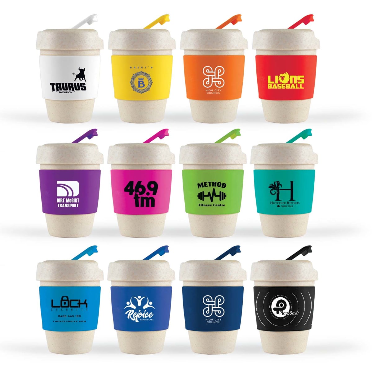 Twelve reusable coffee cups with colorful sleeves and various logos on a white background.