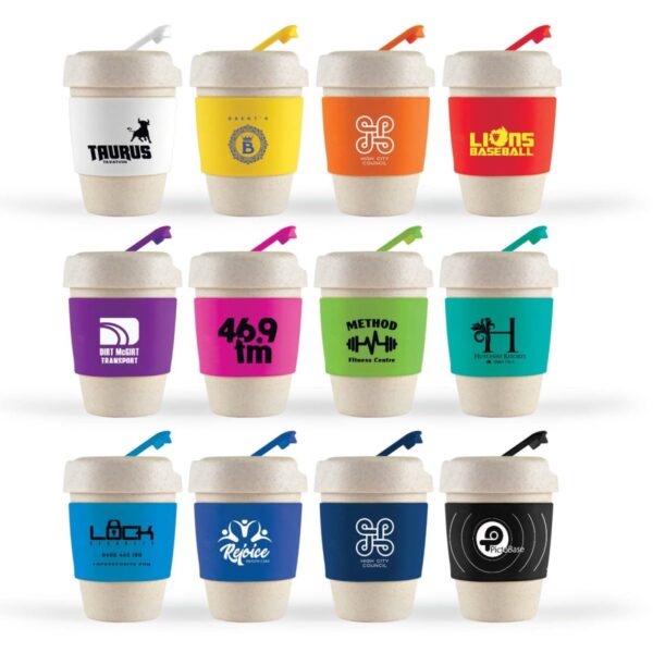 Twelve branded cups with colorful sleeves and yellow stirrers arranged in a grid.